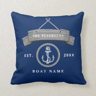Nautical anchor rope boat name navy blue throw pillow
