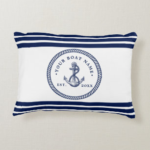 Nautical Anchor & Rope Boat Name Navy Blue & White Accent Pillow