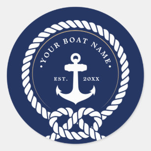 Nautical Anchor & Rope Boat Name Navy Blue & White Classic Round Sticker