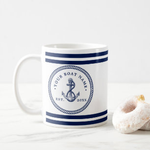 Nautical Anchor & Rope Boat Name Navy Blue & White Coffee Mug