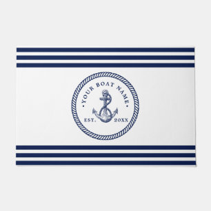 Nautical Anchor & Rope Boat Name Navy Blue & White Doormat