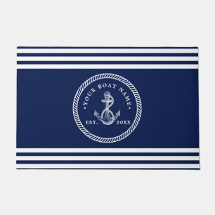 Nautical Anchor & Rope Boat Name Navy Blue & White Doormat