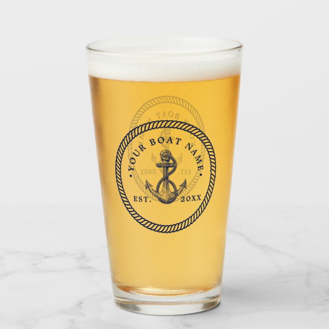 Nautical Anchor & Rope Boat Name Navy Blue & White Glass (Back Filled)