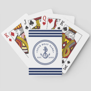 Nautical Anchor & Rope Boat Name Navy Blue & White Playing Cards