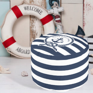 Nautical Anchor & Rope Boat Name Navy Blue & White Pouf