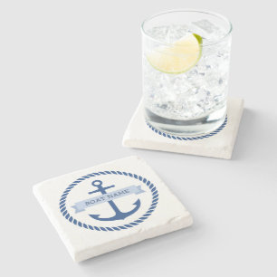 Nautical anchor rope border boat name on banner stone coaster