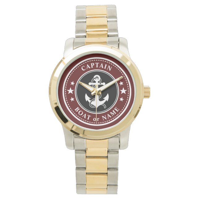 Nautical Anchor & Rope Captain Boat Name Navy Red Watch (Front)