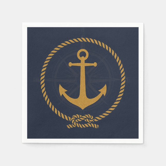 Nautical Anchor & Rope Coastal Wedding Cocktail Na Napkin (Front)