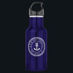 Nautical Anchor & Rope Custom Boat Name 532 Ml Water Bottle<br><div class="desc">Add a cool custom touch to your fishing boat,  sailboat,  yacht,  or houseboat with this personalized water bottle. Classic nautical design features your boat name and ship's registry curved inside a white rope logo badge with an anchor illustration in the centre.</div>