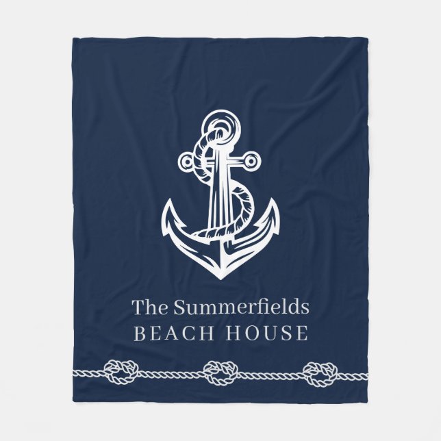 Nautical Anchor Rope Family Vacation Beach House Fleece Blanket (Front)