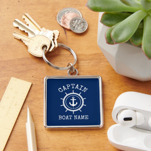 Nautical Anchor Rope Helm Captain Boat Name Blue Keychain (Desk)