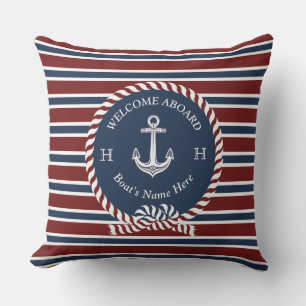 Nautical  Anchor Rope Maroon Red Welcome Aboard Outdoor Pillow