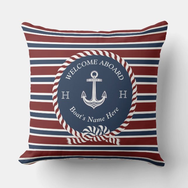 Nautical  Anchor Rope Maroon Red Welcome Aboard Outdoor Pillow (Front)
