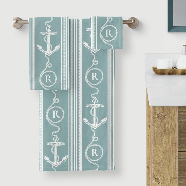 Nautical Anchor Rope Monogram Neutral Turquoise Bath Towel Set (Creator Uploaded)