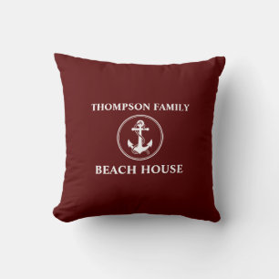 Nautical Anchor Rope Name Beach House Deep Red Throw Pillow