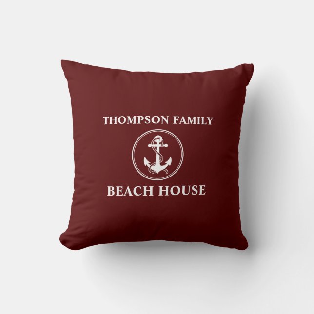 Nautical Anchor Rope Name Beach House Deep Red Throw Pillow (Front)