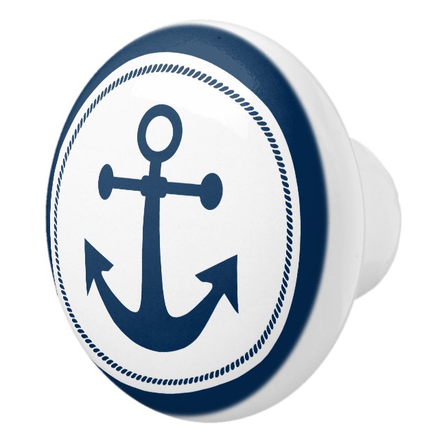 Nautical Anchor Rope Navy Blue and White Ceramic Knob (Right)