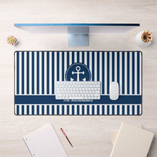 Nautical Anchor Rope Navy Blue Stripes Custom Desk Mat