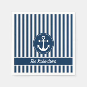 Nautical Anchor Rope Navy Blue Stripes Custom Napkin