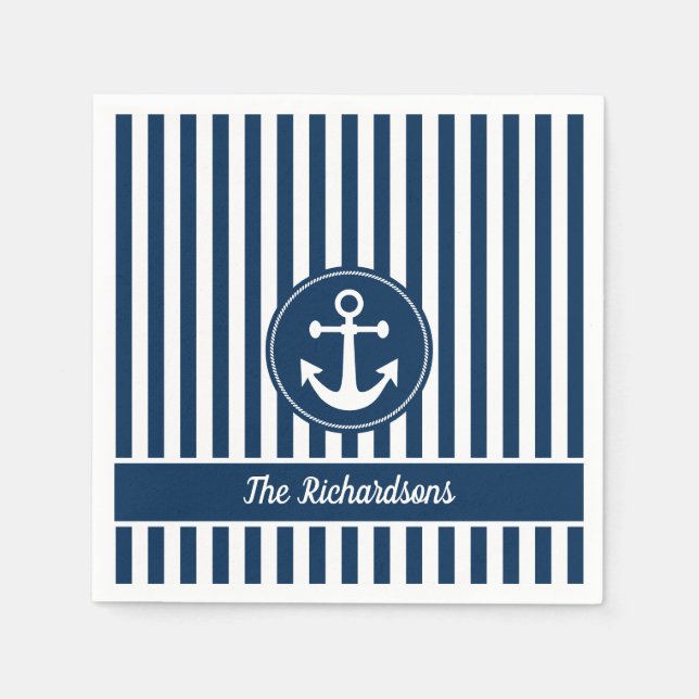 Nautical Anchor Rope Navy Blue Stripes Custom Napkin (Front)