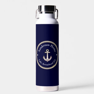 Nautical Anchor Rope Navy Blue White Monogram Name Water Bottle