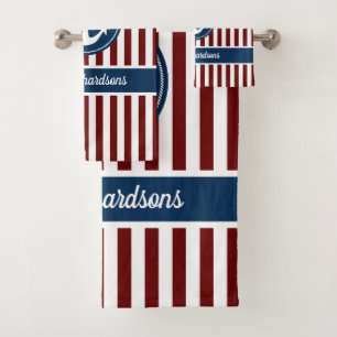 Nautical Anchor Rope Navy Red White Stripes Custom Bath Towel Set