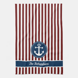 Nautical Anchor Rope Navy Red White Stripes Custom Kitchen Towel