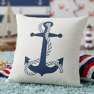 Nautical Anchor & Rope Navy White ID836 Throw Pillow