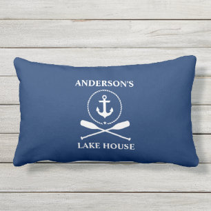 Nautical Anchor Rope Oars Navy Blue Lake House Lumbar Pillow