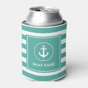 Nautical Anchor Rope Striped Boat Name Can Cooler