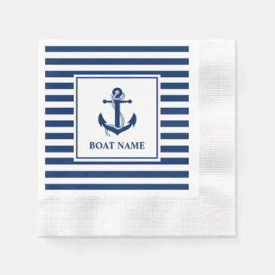 Nautical Anchor Rope Striped Boat Name Cocktail Napkin