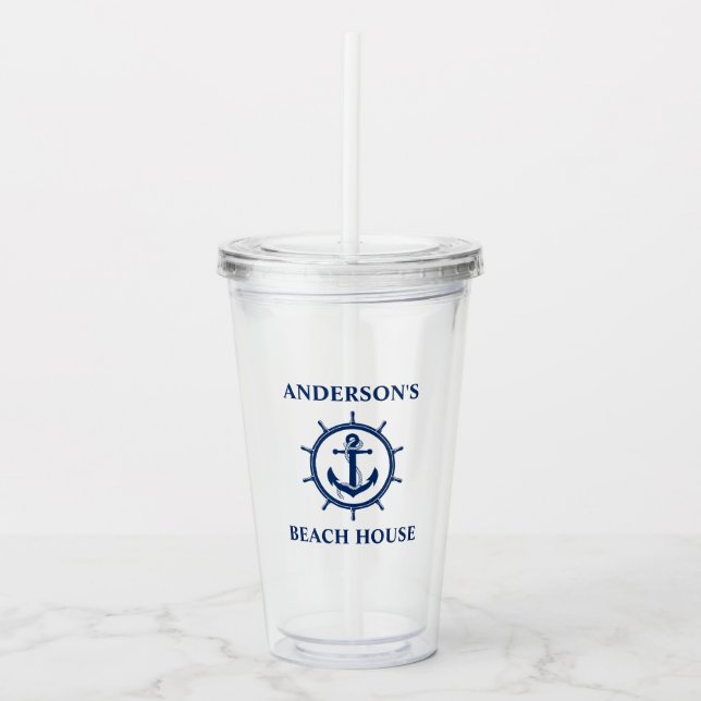 Nautical Anchor Rope Wheel Beach House Acrylic Tumbler (Front)