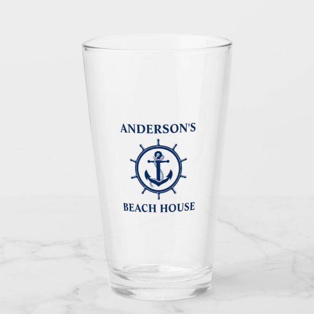 Nautical Anchor Rope Wheel Beach House Glass (Front)