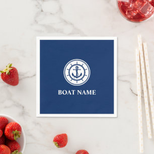 Nautical Anchor Rope Wheel Boat Name Navy Blue Napkin