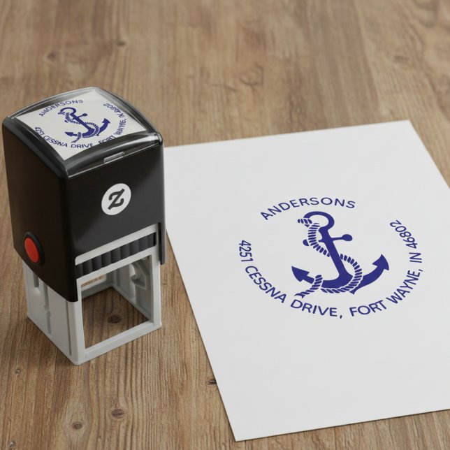 Nautical Anchor Round Family Return Address Stamp (Round return address stamp with an anchor.)