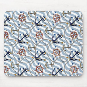 Nautical anchor rudder blue white stripe zigzag mouse pad