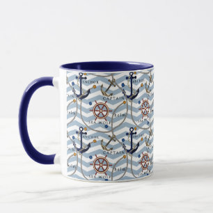 Nautical anchor rudder blue white stripe zigzag mug