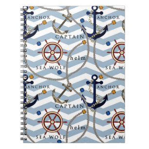 Nautical anchor rudder blue white stripe zigzag notebook