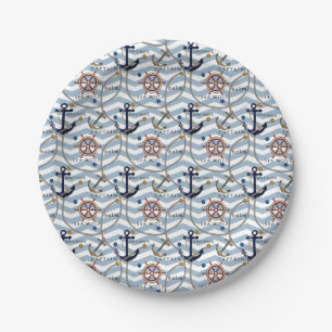 Nautical anchor rudder blue white stripe zigzag paper plate