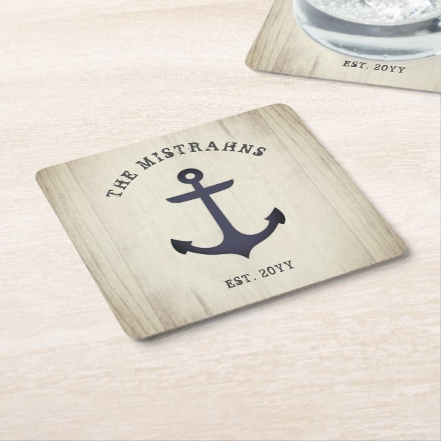 Nautical Anchor Rustic Wood Boat Name Square Paper Coaster (Angled)