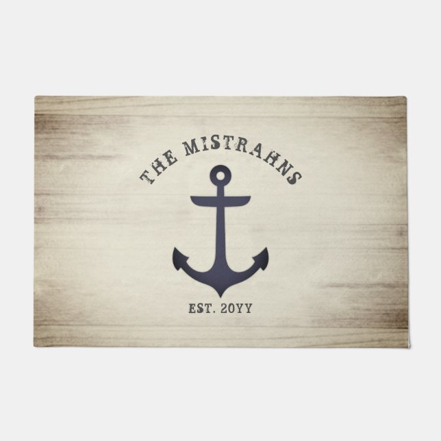 Nautical Anchor Rustic Wood Family or Boat Name Doormat (Front)