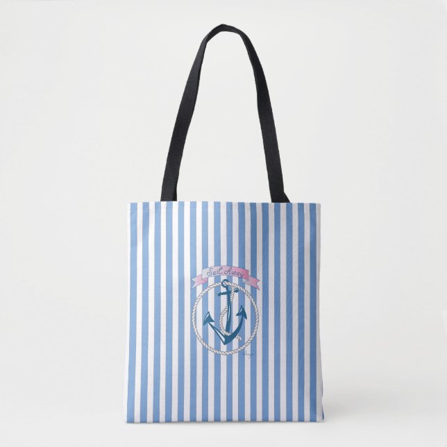 Nautical Anchor, "Sail Away", Blue Stripes, Cool Tote Bag (Front)