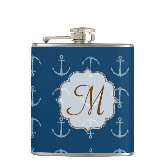 Nautical Anchor Sail Sailin Monogram Whiskey Flask (Front)