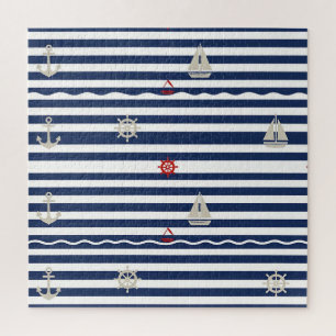Nautical Anchor Sailboat Stripe Pattern Jigsaw Puzzle
