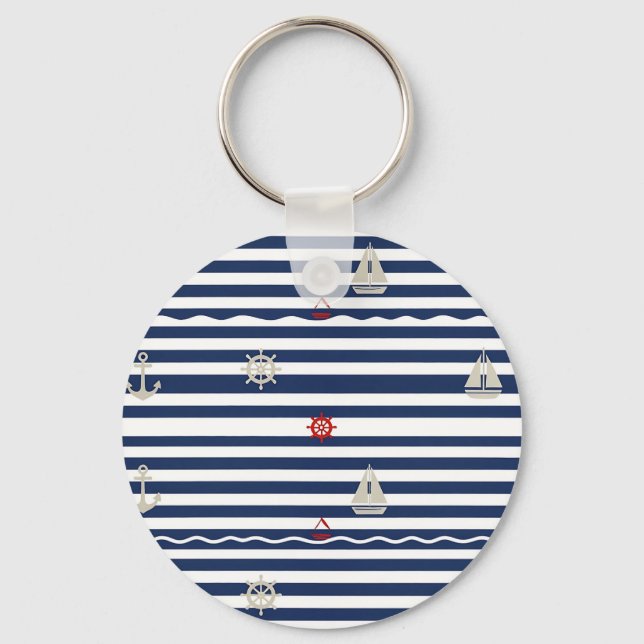 Nautical Anchor Sailboat Stripe Pattern Keychain (Front)