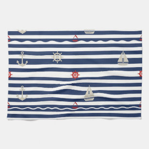 Nautical Anchor Sailboat Stripe Pattern Kitchen Towel