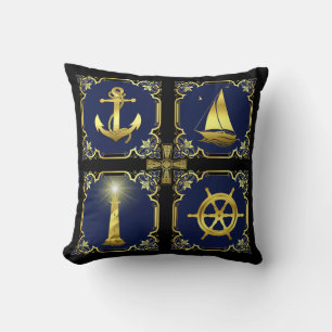 Nautical anchor/sailboat/wheel/lighthouse gold/blu throw pillow