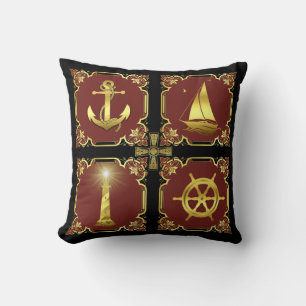Nautical anchor/sailboat/wheel/lighthouse gold/red throw pillow