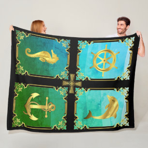 Nautical anchor/sailboat wheel/seahorse/dolphin+ f fleece blanket