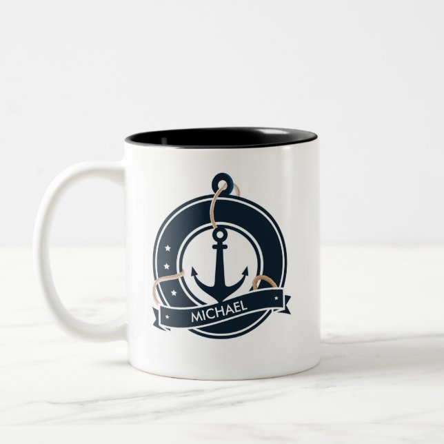 Nautical Anchor Sailor Sailing Personalized Two-Tone Coffee Mug (Left)